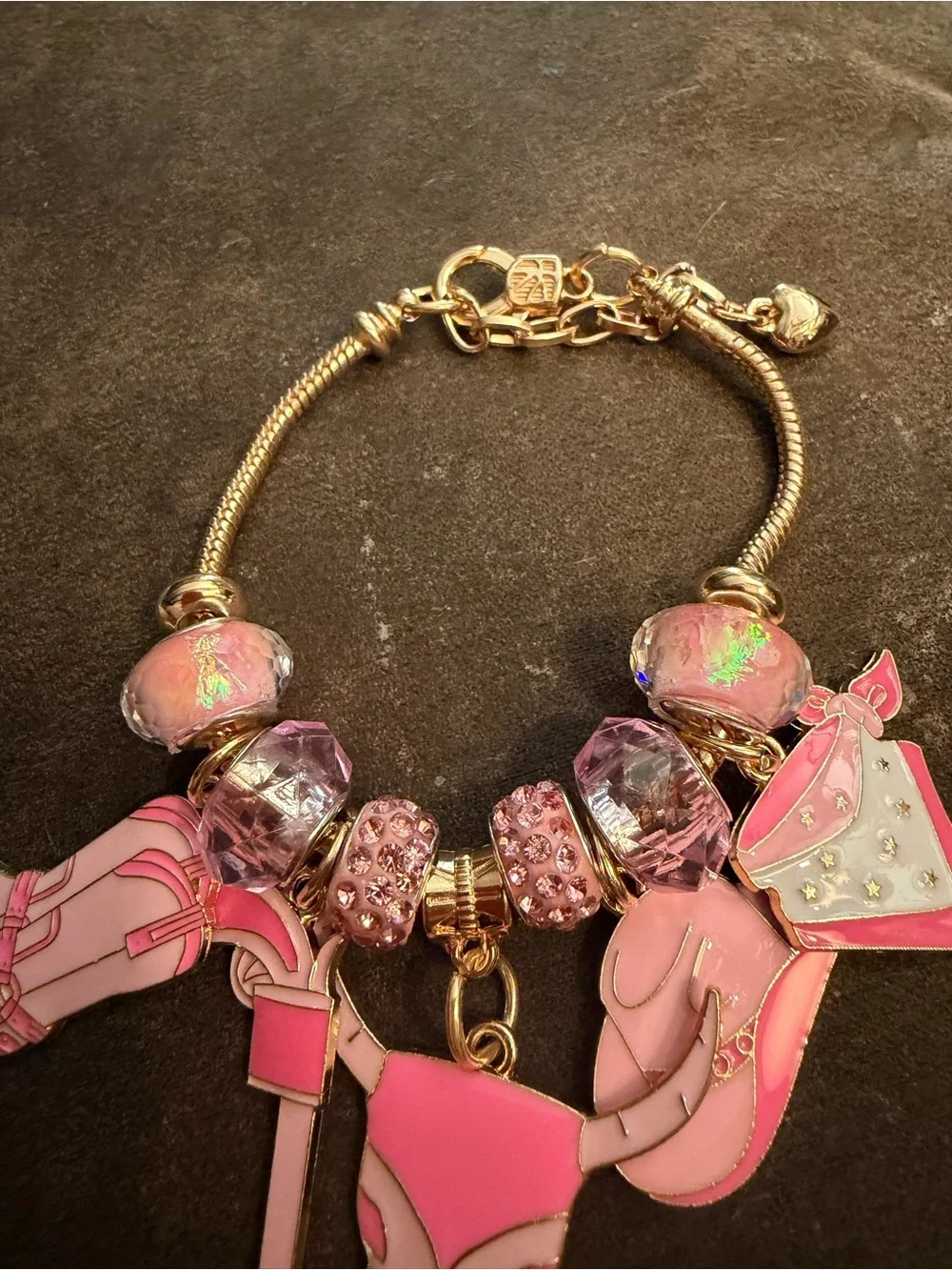 Gold-Tone Pink Charm Bracelet with Crystal Beads